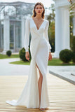 Ivory Mermaid V-Neck Ruched Long Sleeves Sweep Train Wedding Dress with Slit