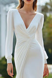 Ivory Mermaid V-Neck Ruched Long Sleeves Sweep Train Wedding Dress with Slit