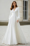Simple Ivory V-Neck Long Sleeves Ruched A Line Floor Length Wedding Dress