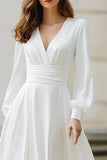 Simple Ivory V-Neck Long Sleeves Ruched A Line Floor Length Wedding Dress