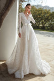 Ivory Lace V-Neck A Line Sweep Train Long Sleeves Boho Wedding Dress with Bow