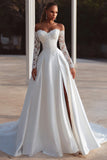 Ivory Satin Sweep Train Off the Shoulder Boho Wedding Dress with Sleeves