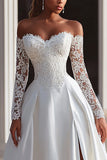 Ivory Satin Sweep Train Off the Shoulder Boho Wedding Dress with Sleeves
