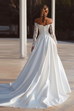 Ivory Satin Sweep Train Off the Shoulder Boho Wedding Dress with Sleeves