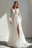 Ivory Ruched Chiffon Deep V-Neck Pleated Sweep Train Boho Wedding Dress with Slit