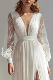 Ivory Ruched Chiffon Deep V-Neck Pleated Sweep Train Boho Wedding Dress with Slit