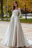 Ivory Satin Square Neck Sweep Train Long Sleeves Boho Wedding Dress with Lace