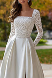 Ivory Satin Square Neck Sweep Train Long Sleeves Boho Wedding Dress with Lace