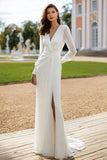 Ivory Ruched Sheath Long Sleeves V-Neck Sweep Train Wedding Dress with Slit