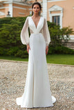 Sparkly Ivory Long Sleeves Sheath V-Neck Sweep Train Wedding Dress