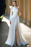 Ivory Ruched Long Sleeves Sweep Train One Shoulder Wedding Dress with Slit