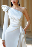 Ivory Ruched Long Sleeves Sweep Train One Shoulder Wedding Dress with Slit