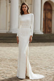 Sparkly Ivory Mermaid Bateau Neck Sweep Train Wedding Dress with Sleeves