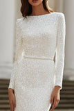 Sparkly Ivory Mermaid Bateau Neck Sweep Train Wedding Dress with Sleeves