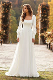 Simple Ivory Square Neck A Line Sweep Train Wedding Dress with Sleeves