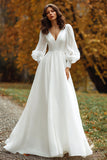 Ivory V-Neck A Line Sweep Train Wedding Dress with Sleeves
