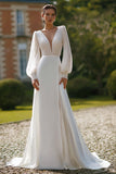 Sparkly Ivory Deep V-Neck A Line Sweep Train Wedding Dress with Sleeves
