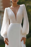 Sparkly Ivory Deep V-Neck A Line Sweep Train Wedding Dress with Sleeves