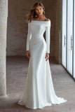 Ivory Satin Sweep Train Ruched Off the Shoulder Wedding Dress with Sleeves