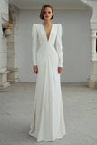 Ivory Sheath V-Neck Ruched Sweep Train Wedding Dress with Sleeves