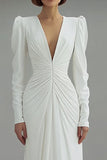 Ivory Sheath V-Neck Ruched Sweep Train Wedding Dress with Sleeves