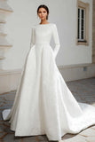 Simple Ivory Jacquard Sweep Train A Line Wedding Dress with Sleeves
