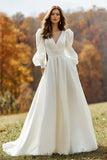 Ivory Ruched Satin V-Neck A Line Sweep Train Wedding Dress with Sleeves