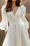 Ivory Ruched Satin V-Neck A Line Sweep Train Wedding Dress with Sleeves
