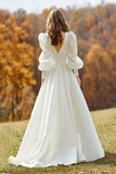 Ivory Ruched Satin V-Neck A Line Sweep Train Wedding Dress with Sleeves