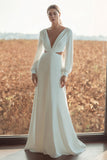 Ivory Sheath Deep V-Neck Cut Out Sweep Train Wedding Dress with Sleeves