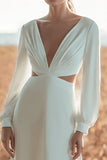 Ivory Sheath Deep V-Neck Cut Out Sweep Train Wedding Dress with Sleeves