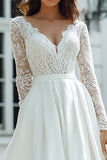 Ivory Floor-Length V-Neck Long Sleeves Wedding Dress with Lace