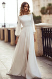 Ivory Long Sleeves Bateau Neck A Line Sweep Train Boho Wedding Dress with Lace