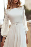 Ivory Long Sleeves Bateau Neck A Line Sweep Train Boho Wedding Dress with Lace