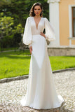 Sparkly Ivory Satin V-Neck Sweep Train Wedding Dress with Sleeves