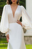 Sparkly Ivory Satin V-Neck Sweep Train Wedding Dress with Sleeves