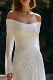 Ivory Sheath Chiffon Ruched Sweep Train Off the Shoulder Wedding Dress
