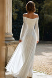 Ivory Sheath Chiffon Ruched Sweep Train Off the Shoulder Wedding Dress