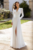 Ivory Ruched V-Neck Sheath Sweep Train Wedding Dress with Slit
