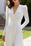 Ivory Ruched V-Neck Sheath Sweep Train Wedding Dress with Slit