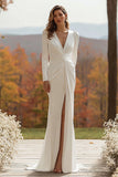 Ivory V-Neck Mermaid Ruched Sweep Train Wedding Dress with Slit