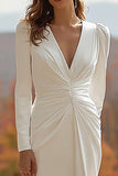 Ivory V-Neck Mermaid Ruched Sweep Train Wedding Dress with Slit