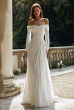 Ivory Ruched Sheath Sweep Train Off the Shoulder Wedding Dress with Sleeves