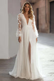 Ivory Deep V-Neck Sweep Train A Line Boho Wedding Dress with Slit