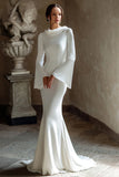 Ivory Cowl Neck Mermaid Sweep Train Vintage Wedding Dress with Sleeves