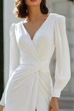 Ivory Sheath V-Neck Ruched Floor-Length Wedding Dress with Slit