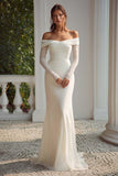 Ivory Dotted Mermaid Floor Length Off the Shoulder Wedding Dress with Sleeves