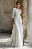 Ivory Ruched Sweep Train One Shoulder Wedding Dress with Sleeves