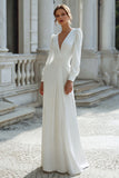 Ivory Sheath Ruched V-Neck Floor-Length Wedding Dress with Sleeves