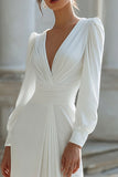 Ivory Sheath Ruched V-Neck Floor-Length Wedding Dress with Sleeves